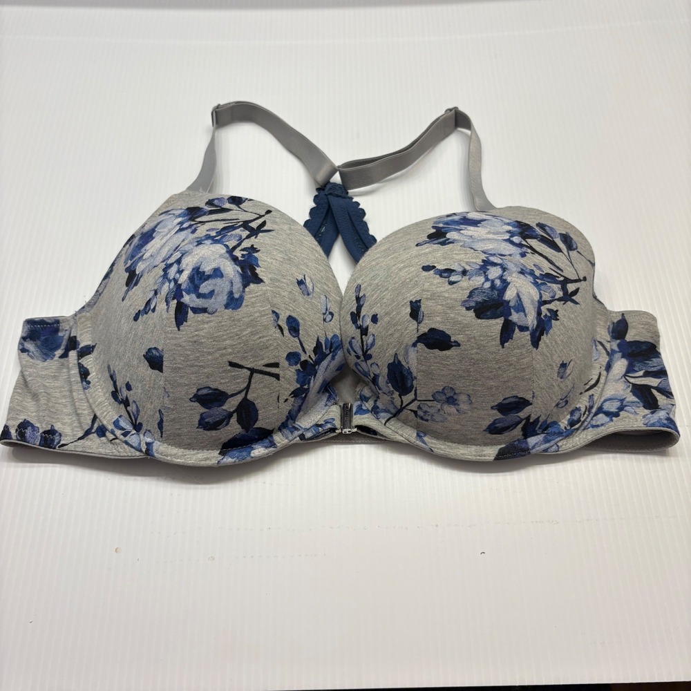 Cacique Boost Plunge Bra Women 44C Gray Blue Floral Lace Racerback Front Closure